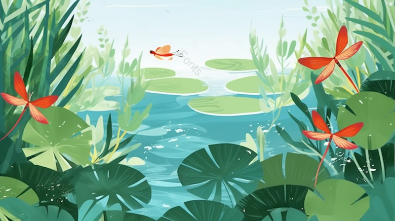 绿色盛夏的季节池塘里荷叶荷花和蜻蜓背景,插画/手绘图,插画/手绘图库,插画/手绘图下载,插画/手绘